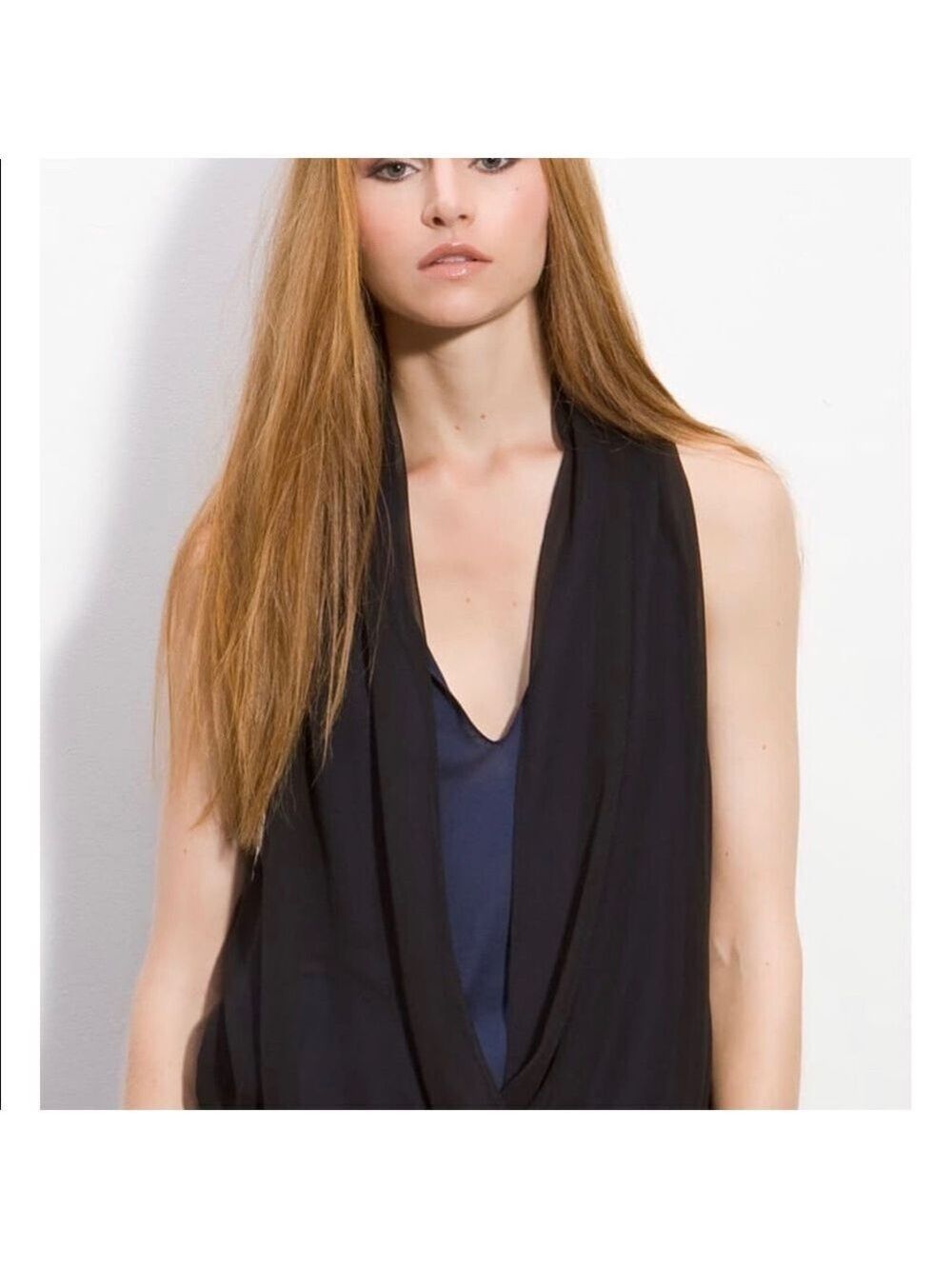 HAUTE HIPPIE Black & Blue Draped Faux Wrap Top XS FLAW - Picture 2 of 10